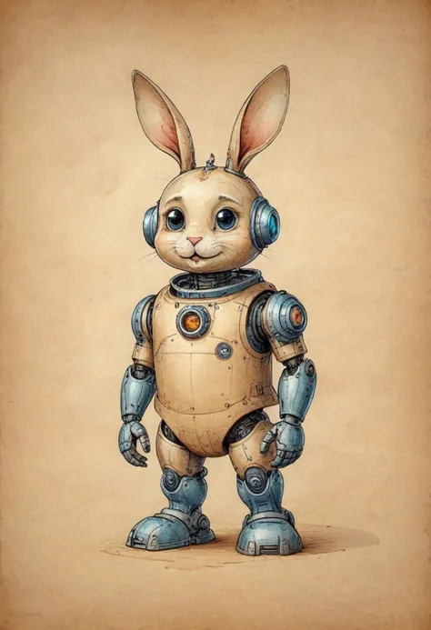 on parchment, ink illustration,   illustration of a cute cartoon character, a clever robot bunny ,  space on the background,  ((masterpiece)), (best quality),  detailed  ,   <lora:ParchartXL-1.5:0.7>