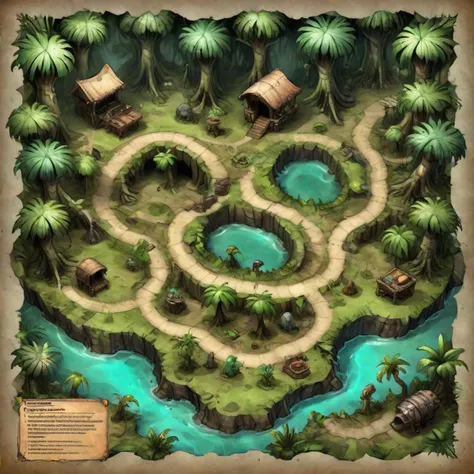 rpg map based on a tropical jungle scenario with traps, with miniature monsters, highly detailed, featured, artstation, game asset <lora:ParchartXL-1.2.1:1>