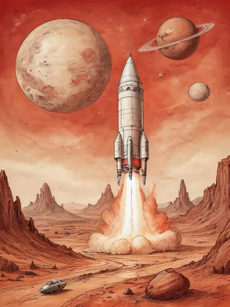 on parchment, ink illustration a rocket is launching from Earth on a mission to explore Mars. Show the rocket against the backdrop of a red Martian sky, with the planet's surface and rocky terrain below, <lora:ParchartXL-1.5:0.8>
