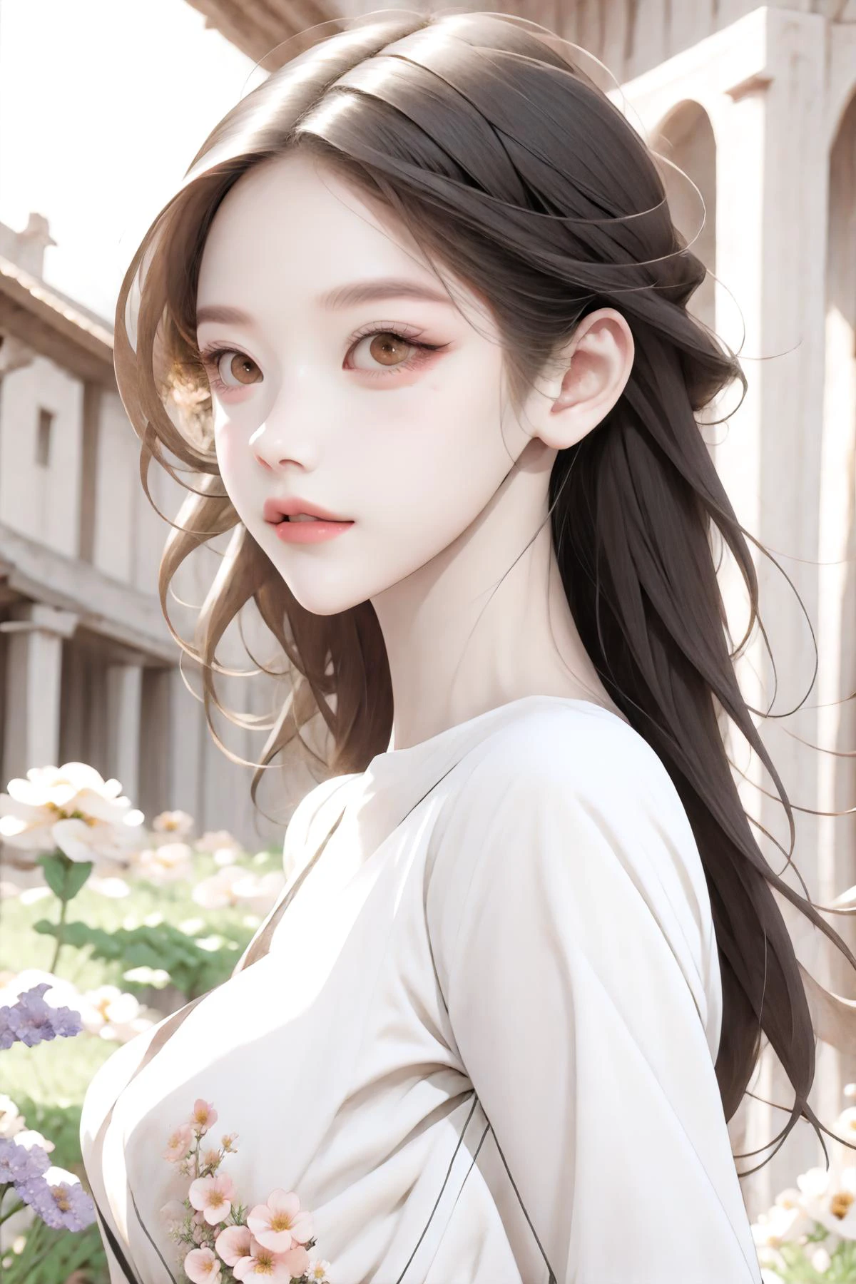 beauty girl, <lora:K-Surgery:0.5>, very long hair, (multicolored background), outdoors, (flower garden:1.4), large breasts, <lora:iridescent_clothing-1.0:0.7> iridescent clothing