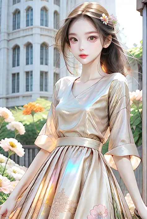 beauty girl, <lora:K-Surgery:0.5>, very long hair, (multicolored background), outdoors, (flower garden:1.4), large breasts, <lora:iridescent_clothing-1.0:0.7>, iridescent clothing, iridescent dress, holographic interface, <lora:hairdetailer:1>,