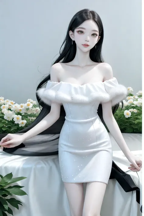 beauty girl, <lora:K-Surgery:0.5>, very long hair, (multicolored background), outdoors, (flower garden:1.4), large breasts, <lora:MIS_20240423173329:0.6> MIS,shiny dress,fur trim,