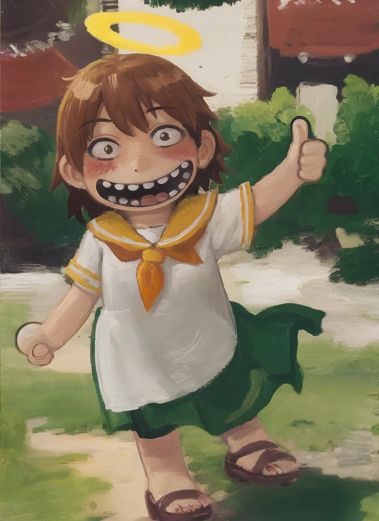 1girl, solo, :/, (thumbs up:1.1), at funfair, sunny day, <lora:rakkaHaibaneRenmei_v00001:0.7> rakka, lozhkin, open mouth, big smile, accurate teeth with gaps <lora:lozhkin:0.7>