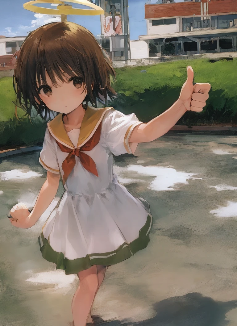 1girl, solo, :/, (thumbs up:1.1), at funfair, sunny day, <lora:rakkaHaibaneRenmei_v00001:0.8> rakka