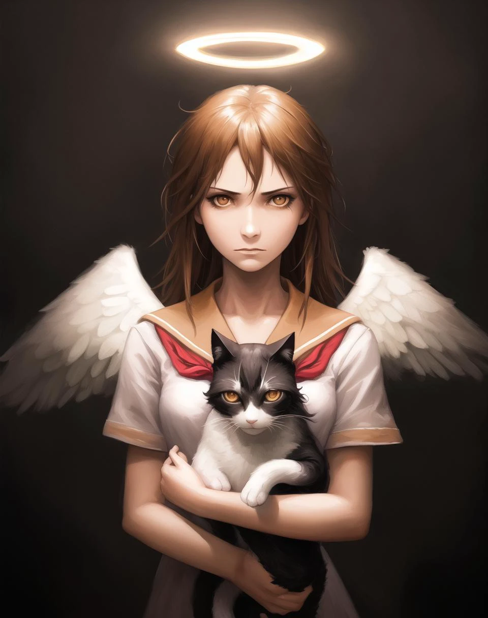 beautiful, masterpiece, best quality, 1girl, angel wings, brown eyes, brown hair, haibane renmei, halo, rakka, sailor collar, school uniform, <lora:my_LoRA_rakka_v2:0.5> emotionless, sad, dark background, looking at viewer, holding cat, digital painting, artstation, soft focus, ominous lighting, evil colors, illustration, art by greg rutkowski and stephan koldi and marc simonetti, 4k