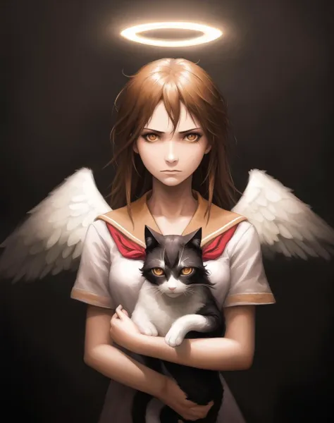 beautiful, masterpiece, best quality, 1girl, angel wings, brown eyes, brown hair, haibane renmei, halo, rakka, sailor collar, school uniform,  <lora:my_LoRA_rakka_v2:0.5>  emotionless,  sad, dark background, looking at viewer, holding cat, digital painting, artstation, soft focus, ominous lighting, evil colors, illustration, art by greg rutkowski and stephan koldi and marc simonetti, 4k