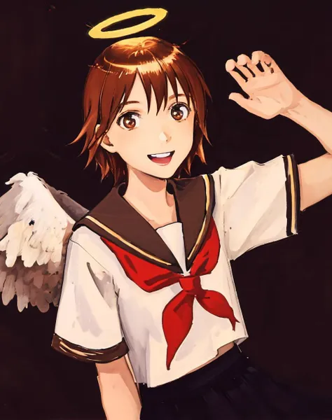 1girl, angel wings, brown eyes, brown hair, haibane renmei, halo, rakka, sailor collar, school uniform,  <lora:my_LoRA_rakka_v2:0.5>  lozhkin, big smile, accurate teeth with gaps <lora:lozhkin_V1:0.6>