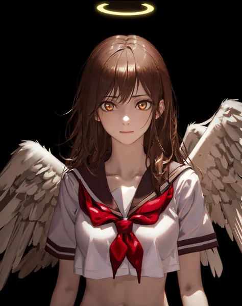 (photorealistic:1.4), (masterpiece, sidelighting, finely detailed beautiful eyes: 1.2), masterpiece*portrait, realistic, 3d face, glowing eyes, shiny hair, lustrous skin, solo, embarassed, (midriff), 1girl, angel wings, brown eyes, brown hair, haibane renmei, halo, rakka, sailor collar, school uniform, <lora:my_LoRA_rakka_v2:0.5>