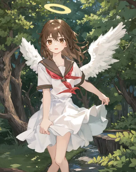 1girl, angel wings, brown eyes, brown hair, haibane renmei, halo, rakka, sailor collar, school uniform, <lora:my_LoRA_rakka_v2:0.5> antifreez <lora:my_LoRA_antifreez_v1:0.4>