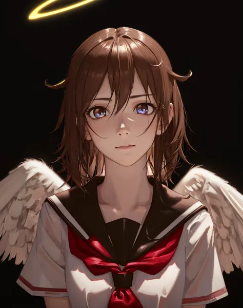 (photorealistic:1.4), (masterpiece, sidelighting, finely detailed beautiful eyes: 1.2), masterpiece*portrait, realistic, 3d face, glowing eyes, shiny hair, lustrous skin, solo, embarassed, (midriff), 1girl, angel wings, brown eyes, brown hair, haibane renmei, halo, rakka, sailor collar, school uniform, <lora:my_LoRA_rakka_v2:0.5>