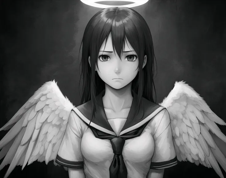 beautiful, masterpiece, best quality, 1girl, angel wings, brown eyes, brown hair, haibane renmei, halo, rakka, sailor collar, school uniform, <lora:my_LoRA_rakka_v2:0.5> emotionless, sad, grayscale