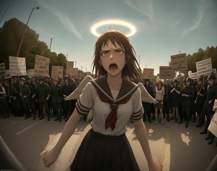 National geographic photo of the dead bodies of Russian soldiers, beautiful, masterpiece, best quality, 1girl, angel wings, brown eyes, brown hair, haibane renmei, halo, rakka, sailor collar, school uniform, <lora:my_LoRA_rakka_v2:0.5> activist, protest sign, demonstration, determined expression, social justice, angry, screaming, outdoors, crowded battlefield, fisheye, by Jeremy Lipking, by William Bouguereau, (by Alphonse Mucha:0.5),