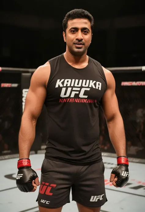 homoerotic photo of Kal Penn a man <lora:Dev-Adhikari_Kal-Penn:0.7>, UFC fighting ring, cocky expression, as a UFC fighter, (black muscle shirt:1.4), Venum UFC shorts, ((full body portrait)), wide angle, ((masterpiece)), natural skin, natural body muscle definitions, adobe lightroom, photolab, intricate, highly detailed, sharp focus, insane details, intricate details, hyperdetailed, low contrast, soft cinematic light, exposure blend, dim colors, dim light, Award - winning, with Kodak Portra 800, a Hasselblad 500 ,55mm f/ 1.9 lens, extreme depth of field, available light, high contrast, Ultra HD, HDR, DTM, 8K,