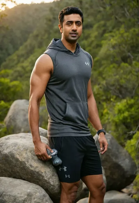 photo of Kal Penn a man <lora:Dev-Adhikari_Kal-Penn:0.7>, wearing a sleeveless well-fitted under armour hoodie and compression shorts, standing on a boulder, outdoor trail, 35mm photograph, film, bokeh, professional, 4k, highly detailed, creek in the background, natural lighting, golden hour