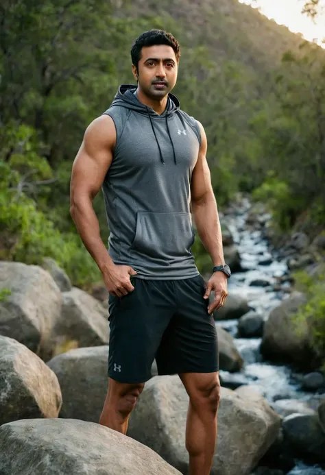 photo of Kal Penn a man <lora:Dev-Adhikari_Kal-Penn:0.7>, wearing a sleeveless well-fitted under armour hoodie and compression shorts, standing on a boulder, outdoor trail, 35mm photograph, film, bokeh, professional, 4k, highly detailed, creek in the background, natural lighting, golden hour