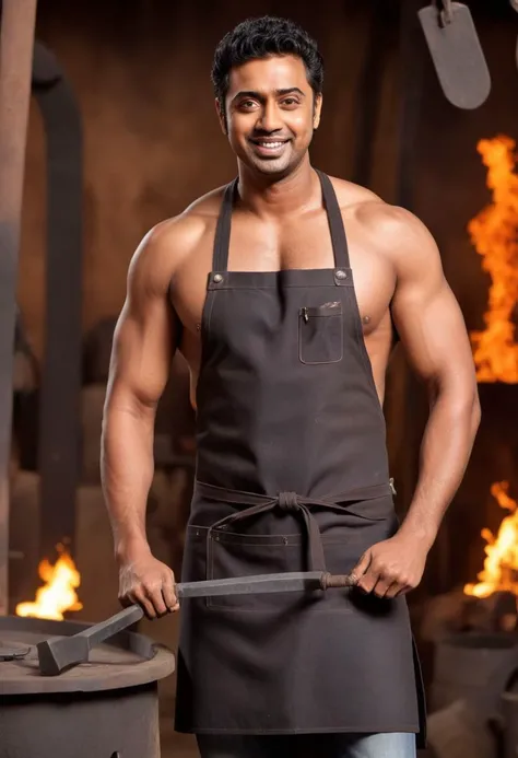 handsome masculine Kal Penn a man <lora:Dev-Adhikari_Kal-Penn:0.7> as Blacksmith male , muscular, smithing apron, shirtless, confident smile, inside forge background, crafting, fiery forge, sturdy build,