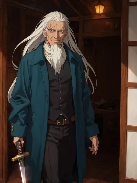 1male,tufang,white beard,sword,refile, masterpiece, best quality, <lora:tufang-2:1>