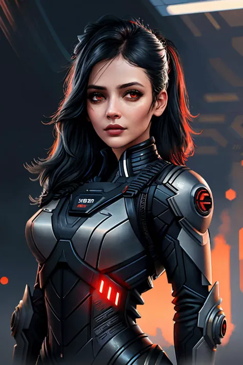 ecae1, ((best quality)), ((masterpiece)), (detailed), Midjourney Style, close-up, woman, robot, red eyes, concept art, inspired by Marek Okon, digital art, Crysis Nanosuit, futuristic, (glowing elements:1.1), 4:3 aspect ratio, dynamic duo