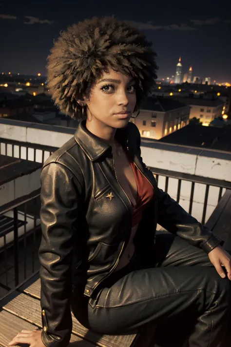 ((ultra detailed, masterpiece, best quality))
 <lora:Mafia3Roxy:0.8>
Mafia3Roxy, 1girl, solo, afro, brown eyes, very dark skin, Overlooking the city from a rooftop bar at night, chic outfit, sitting