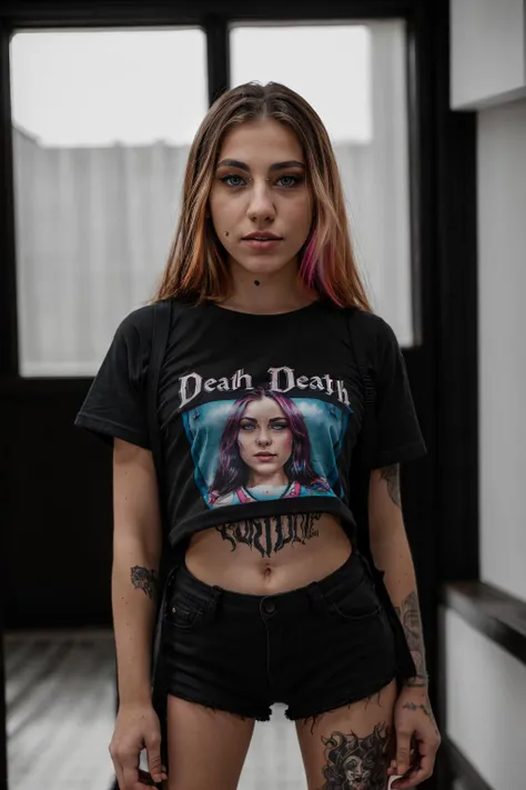 <lora:DalilaDark:0.8>, full color portrait of a young woman, wearing a death metal t-shirt, natural light, RAW photo, subject, 8k uhd, dslr, soft lighting, high quality, film grain, Fujifilm XT3