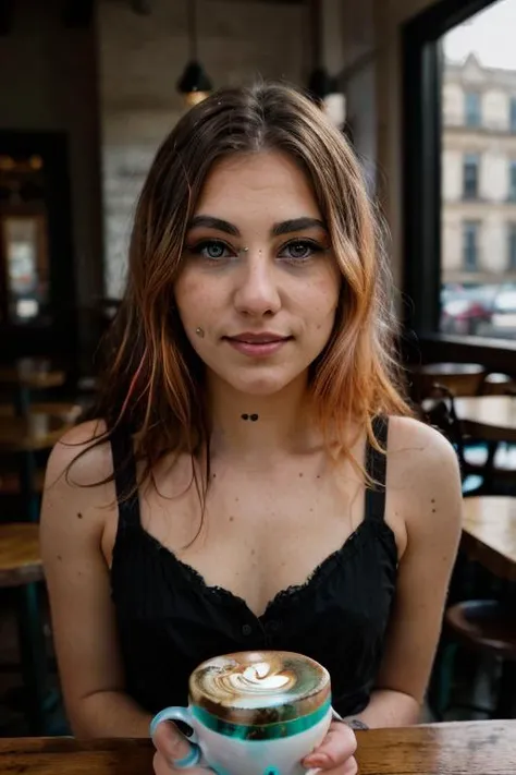 <lora:DalilaDark:0.8>, full color portrait of a young woman, having coffe at a vintage cafe, natural light, RAW photo, subject, 8k uhd, dslr, soft lighting, high quality, film grain, Fujifilm XT3