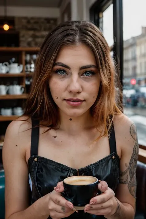 <lora:DalilaDark:0.8>, full color portrait of a young woman, having coffe at a vintage cafe, natural light, RAW photo, subject, 8k uhd, dslr, soft lighting, high quality, film grain, Fujifilm XT3