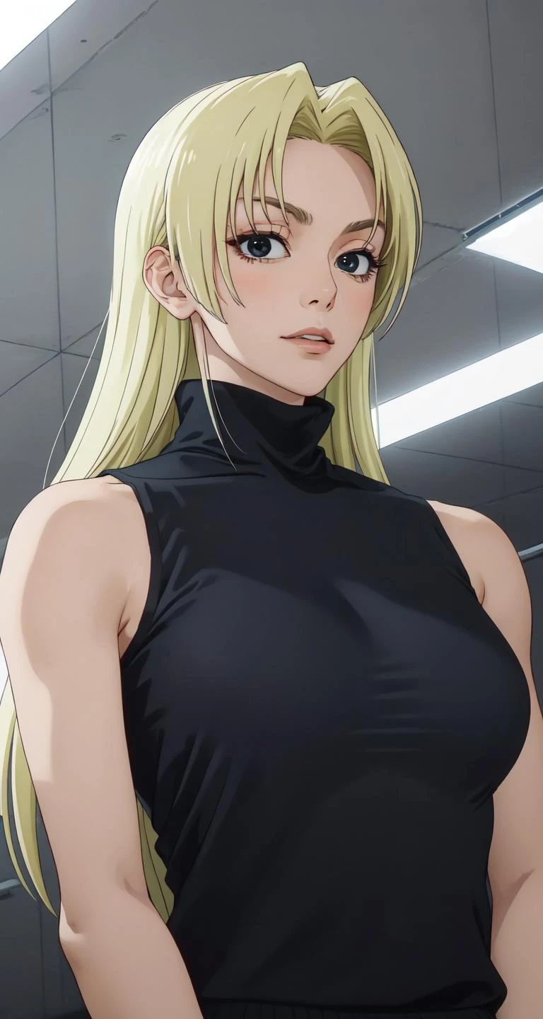 YukiTsukumo, 1girl, AS-Adult, blonde, long hair, female focus, solo, sleeveless turtleneck, facing viewer, <lora:YukiTsukumo-01:1>