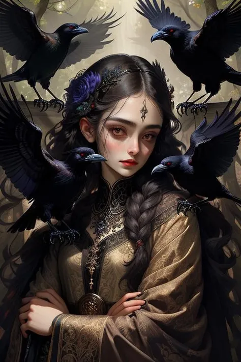 woman in a mythical forest, masterpiece, perfect face, intricate details, horror theme <lora:mdya:1> crow,
