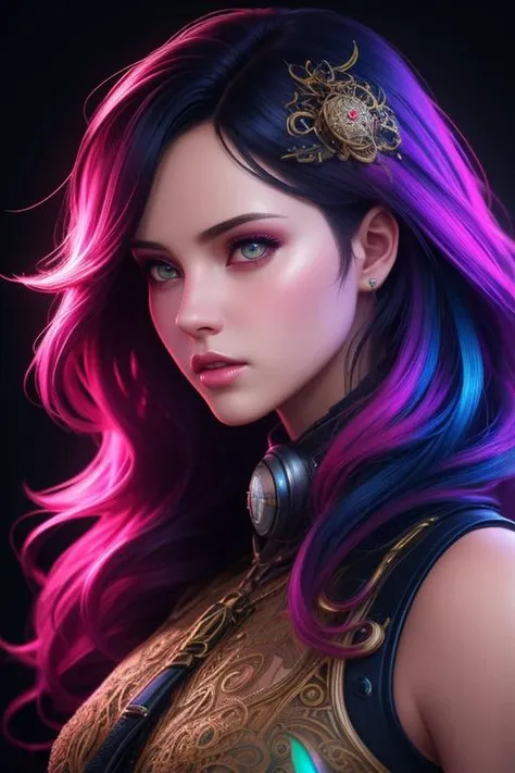 colorful, neon, beautiful cute girl, lush long fluffy hair, beautiful detailed face, best quality, extremely detailed, colorful, neon, sci-fi, steampunk, cinematic, colorful background, concept art, dramatic lighting, high detail, highly detailed, hyper realistic, intricate, intricate sharp details, octane render, smooth, natural lighting, trending on artstation