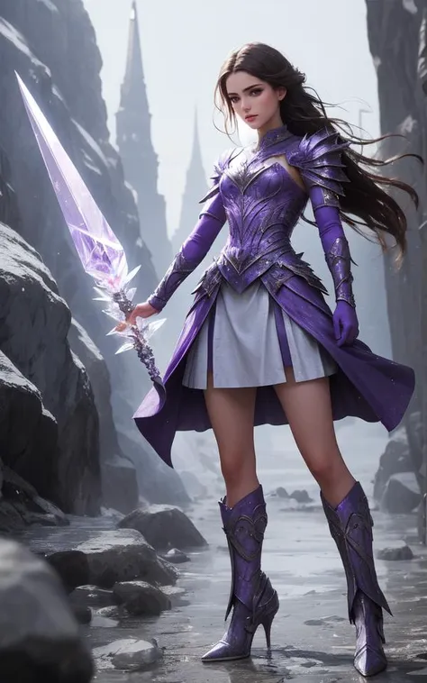 (Cinematic shot, Crystal Cave Young Adult Woman Guardian:1.4),(clothed, masterpiece, wide angle, cinematic establishing shot, young adult european woman, highly detailed background:1.2), volumetric lighting, subsurface scattering, dynamic pose, (special effects, color grading, fantasy aura), silver and purple crystal shard armor, broken glass floor,Glowing crystals,ethereal light, protective stance, purple magenta enchanted spear with powerful energy aura, mystical ground fog,