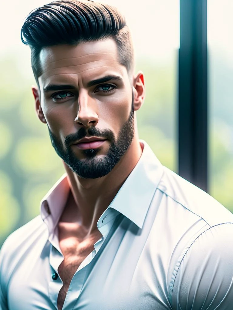Ultra Realistic Concept Photo of a handsome brunette man, Beautiful Caucasian man in glasses and (shirt:1.2) and (trousers), 1man, solo, manly, muscular, sexy, (arrogant stern look), big expressive eyes, male model, straight nose, symmetrical face, perfect jawline, male focus, (Black Undercut hair), looking at viewer, RAW photo, 15K, 16K, UHD, absurdres, Best resolution, extremely high detailed, highest quality, masterpiece, Award Winning, Cinematic, high budget, epic realistic, photorealistic, cinema still, elegant, 35 mm, analog film photo, captivating, beautiful, wide depth of field, ultra sharp focus, Cinematic bokeh, perfect lighting, HDR, enchanting radiance, Volumetric Lighting, accent lighting, direct sunlight, Dynamic Lighting, Fast Autofocus, White Balance Daylight, 35mm film, Kodak Ektar 100, Techniscope <lora:muscle_slider_v1:0.5><lora:PotatEnhancer_V1_6:0.35><lora:Citadel Spices:0.35>