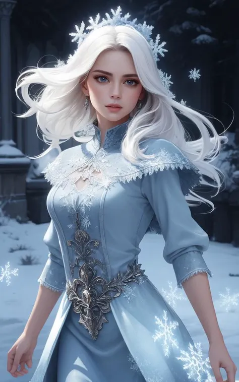 (clothed, masterpiece, wide angle, cinematic establishing shot, young adult european woman, highly detailed background:1.2), volumetric lighting, subsurface scattering, dynamic pose, (special effects, color grading, fantasy aura), (Frost Alchemist:1.4), (Medium Covered breasts:0.81), Hoarfrost patterns, alchemical vials, icy breath, frozen potions