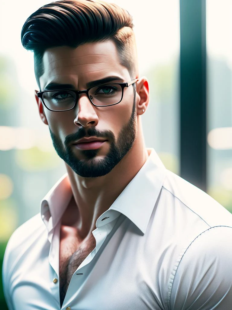 Ultra Realistic Concept Photo of a handsome brunette man, Beautiful Caucasian man in glasses and (shirt:1.2) and (trousers), 1man, solo, manly, muscular, sexy, (arrogant stern look), big expressive eyes, male model, straight nose, symmetrical face, perfect jawline, male focus, (Black Undercut hair), looking at viewer, RAW photo, 15K, 16K, UHD, absurdres, Best resolution, extremely high detailed, highest quality, masterpiece, Award Winning, Cinematic, high budget, epic realistic, photorealistic, cinema still, elegant, 35 mm, analog film photo, captivating, beautiful, wide depth of field, ultra sharp focus, Cinematic bokeh, perfect lighting, HDR, enchanting radiance, Volumetric Lighting, accent lighting, direct sunlight, Dynamic Lighting, Fast Autofocus, White Balance Daylight, 35mm film, Kodak Ektar 100, Techniscope <lora:muscle_slider_v1:0.5><lora:PotatEnhancer_V1_6:0.35><lora:Citadel Spices:0.35>
