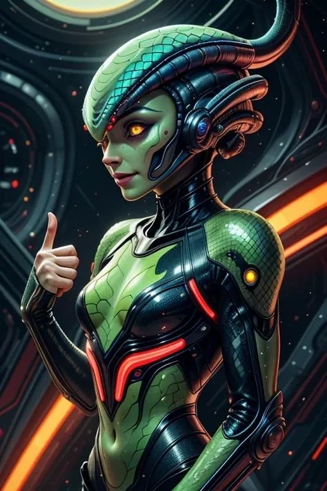 Beautiful woman, alien, green skin, snake humanoid, dragon scales, beautiful detailed face, rough skin, scales, snake, devious grin, narrow yellow eyes, looking away, slit pupils, small flat nose, best quality, extremely detailed, sci-fi, neon, glowing, colorful,  <lora:detail_slider_v4:1.4> high-tech, cyberpunk, cosmos, aliens, space, technology,  BadDream <lora:FemAlien:0.6>