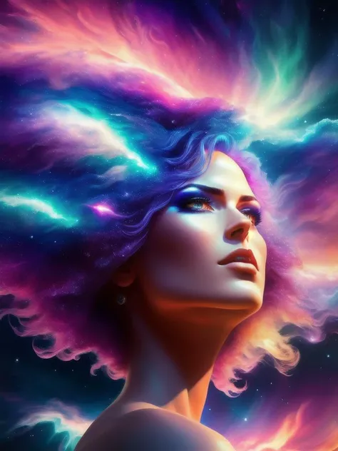 girl dissolve in the sky, hair become nebula, uhd, hyperrealism, 32k, cinematic lighting, 3d, vivid colors, beautiful, masterpiece, highest quality, 16k, hard shadows, volumetric lighting, sharp focus, 32k, unreal engine, octane render, vibrant, photorealistic, oil painting <lora:DWM_painting:0.5>