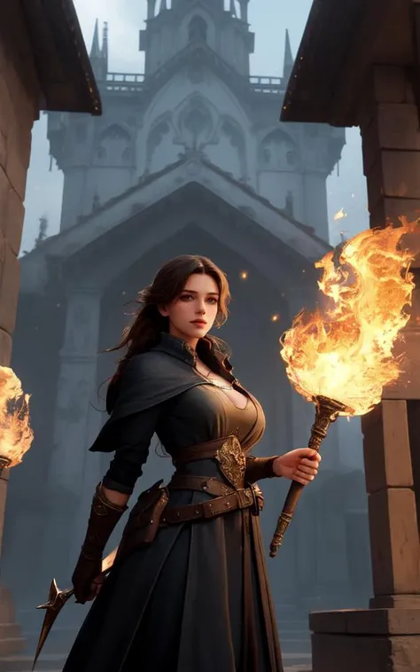 (clothed, masterpiece, wide angle, cinematic establishing shot, young adult european woman, highly detailed background:1.2), volumetric lighting, subsurface scattering, dynamic pose, (special effects, color grading, fantasy aura), (Sexy Enchanted Blacksmith:1.4), (Cleavage, Large Covered breasts:0.81), Fiery forge, magical weapons, ember sparks, anvil chorus