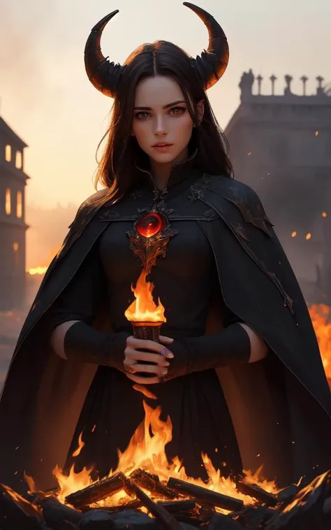 (clothed, masterpiece, wide angle, cinematic establishing shot, young adult european woman, highly detailed background:1.2), volumetric lighting, subsurface scattering, dynamic pose, (special effects, color grading, fantasy aura), (Inferno Warlock:1.4), (Medium Covered breasts:0.81), Blazing inferno, demonic pact, fiery gaze, hellish flames