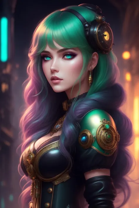 colorful, neon, beautiful cute girl, lush long fluffy green hair, beautiful detailed face, best quality, extremely detailed, colorful, neon, sci-fi, steampunk, cinematic, colorful background, concept art, dramatic lighting, high detail, highly detailed, hyper realistic, intricate, intricate sharp details, octane render, smooth, natural lighting, trending on artstation