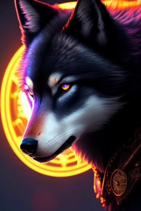 Imposing lustrous wolf, best quality, extremely detailed, colorful, neon, sci-fi, steampunk, cinematic, colorful background, concept art, dramatic lighting, high detail, highly detailed, hyper realistic, intricate, intricate sharp details, octane render, smooth, natural lighting, trending on artstation