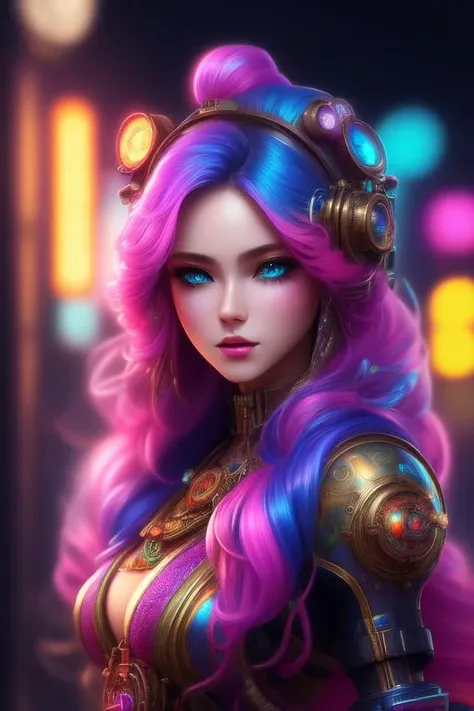 colorful, neon, beautiful cute girl, lush long fluffy hair, beautiful detailed face, best quality, extremely detailed, colorful, neon, sci-fi, steampunk, cinematic, colorful background, concept art, dramatic lighting, high detail, highly detailed, hyper realistic, intricate, intricate sharp details, octane render, smooth, natural lighting, trending on artstation