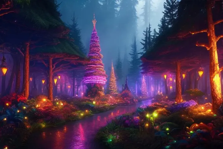 dark enchanted forest, best quality, extremely detailed, colorful, neon, sci-fi, steampunk, cinematic, colorful background, concept art, dramatic lighting, high detail, highly detailed, hyper realistic, intricate, intricate sharp details, octane render, smooth, natural lighting, trending on artstation