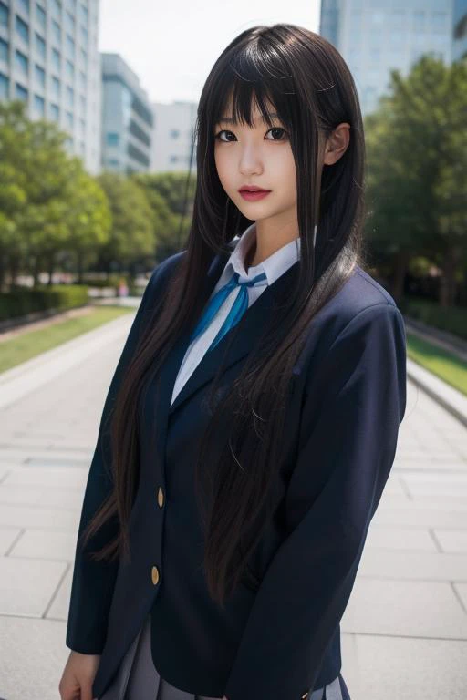 ltra-detailed,highly detailed,best quality,masterpiece,illustration,realistic,photorealistic,
mio akiyama, sakuragaoka high school uniform,
1girl, solo, cosplay,
very long hair, bangs,standing,
looking at viewer, upper body,
outdoors, simple background,
<lora:mio akiyama_v1_07:0.7>