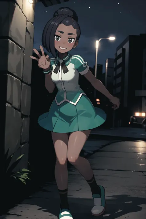 masterpiece, best quality, looking at viewer, facing viewer, nice hands, perfect hands, <lora:GoodHands-vanilla:1>, (night:1.3), low key, <lora:LowRA:0.7>, excited, happy, joyful, (blush), smile, <lora:PokemonV2:0.7>, generation 7, street, <lora:RisingStar:0.7>, RisingStarSM, 1girl, solo, breasts, skirt, shirt, short sleeves, pleated skirt, shoes, socks, collared shirt, black eyes, grey eyes, eyelashes, black ribbon, green skirt, black socks, green footwear