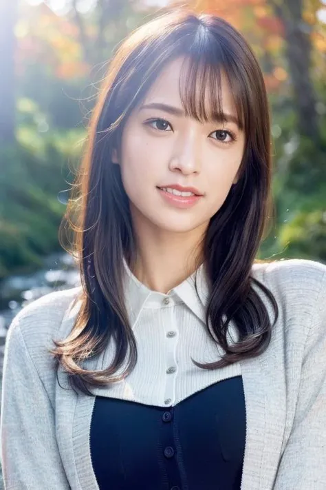 1girl,(wearing a blouse and cardigan:1.2),(RAW photo, best quality), (realistic, photo-realistic:1.4), masterpiece, an extremely delicate and beautiful, extremely detailed, 2k wallpaper, Amazing, finely detail, extremely detailed CG unity 8k wallpaper, ultra-detailed, highres, soft light, beautiful detailed girl, extremely detailed eyes and face, beautiful detailed nose, beautiful detailed eyes,cinematic lighting,(in a beautiful forest of pine trees at a Japanese countryside),(autumn scenery:1.3),(maple trees in autumn),(by a small rocky river),(morning light),perfect anatomy,slender body,smiling, <lora:sasakikumi_lora:0.8>