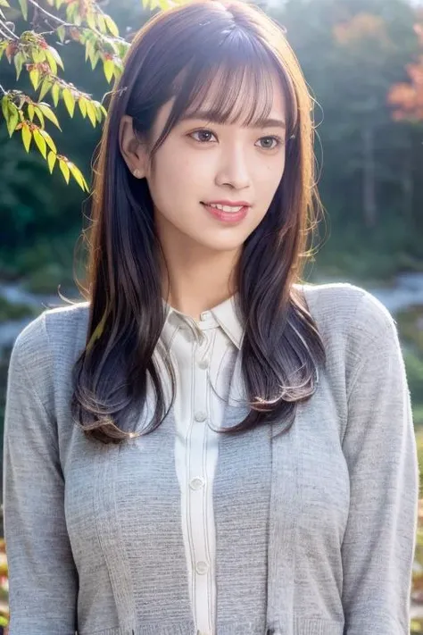 1girl,(wearing a blouse and cardigan:1.2),(RAW photo, best quality), (realistic, photo-realistic:1.4), masterpiece, an extremely delicate and beautiful, extremely detailed, 2k wallpaper, Amazing, finely detail, extremely detailed CG unity 8k wallpaper, ultra-detailed, highres, soft light, beautiful detailed girl, extremely detailed eyes and face, beautiful detailed nose, beautiful detailed eyes,cinematic lighting,(in a beautiful forest of pine trees at a Japanese countryside),(autumn scenery:1.3),(maple trees in autumn),(by a small rocky river),(morning light),perfect anatomy,slender body,smiling, <lora:sasakikumi_lora:0.8>