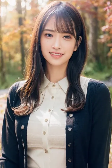 1girl,(wearing a blouse and cardigan:1.2),(RAW photo, best quality), (realistic, photo-realistic:1.4), masterpiece, an extremely delicate and beautiful, extremely detailed, 2k wallpaper, Amazing, finely detail, extremely detailed CG unity 8k wallpaper, ultra-detailed, highres, soft light, beautiful detailed girl, extremely detailed eyes and face, beautiful detailed nose, beautiful detailed eyes,cinematic lighting,(in a beautiful forest of pine trees at a Japanese countryside),(autumn scenery:1.3),(maple trees in autumn),(by a small rocky river),(morning light),perfect anatomy,slender body,smiling, <lora:sasakikumi_lora:0.8>