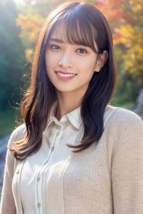 1girl,(wearing a blouse and cardigan:1.2),(RAW photo, best quality), (realistic, photo-realistic:1.4), masterpiece, an extremely delicate and beautiful, extremely detailed, 2k wallpaper, Amazing, finely detail, extremely detailed CG unity 8k wallpaper, ultra-detailed, highres, soft light, beautiful detailed girl, extremely detailed eyes and face, beautiful detailed nose, beautiful detailed eyes,cinematic lighting,(in a beautiful forest of pine trees at a Japanese countryside),(autumn scenery:1.3),(maple trees in autumn),(by a small rocky river),(morning light),perfect anatomy,slender body,smiling, <lora:sasakikumi_lora:0.8>