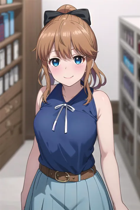 best quality, (masterpiece:1.2), highly detailed, standing, shop,
1girl, solo, <lora:chara_Mamahaha_AkatsukiYume_v1:0.8>,  akatsuki minami,
looking at the viewer, closed mouth, smile, slight blush,
blue eyes, brown hair, ponytail, hair bow, sleeveless, (blue shirt:1.4), ribbon, belt, light blue skirt