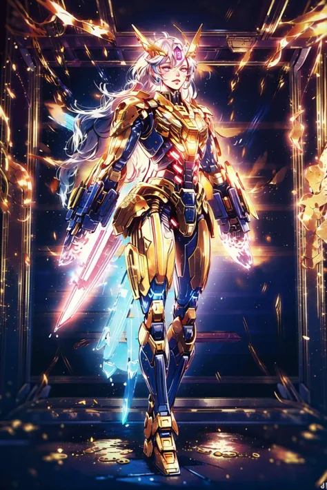 Best quality, masterpiece, ultra high res, (photorealistic:1.4),<lora:shanyaogaoda:0.8>,shanyaogaoda, neonlight\(ttp\),   1girl, no humans, mecha, solo, <lora:Neonpunkai-8:0.2> ,Neonpunkai,  <lora:neonlight_V1_loha:0.2>,gold foil,gold leaf art,glitter drawing,thunderstyle <lora:thunder_model:0.7>, long hair,wind blowing hair,looking at viewer, full body