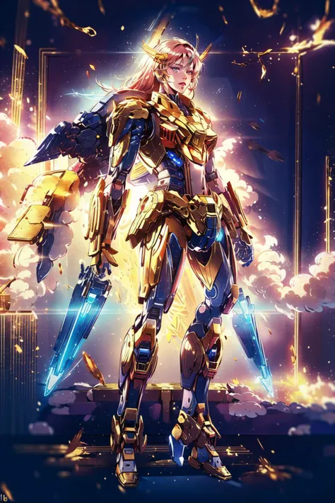 Best quality, masterpiece, ultra high res, (photorealistic:1.4),<lora:shanyaogaoda:0.8>,shanyaogaoda, neonlight\(ttp\),   1girl, no humans, mecha, solo, <lora:Neonpunkai-8:0.2> ,Neonpunkai,  <lora:neonlight_V1_loha:0.2>,gold foil,gold leaf art,glitter drawing,thunderstyle <lora:thunder_model:0.7>, long hair,wind blowing hair,looking at viewer, full body